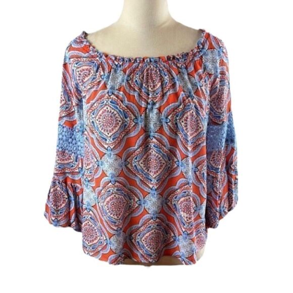 Crown & Ivy Orange and Blue Paisley Bell Sleeve Top, Size PS - Picture 1 of 9